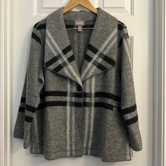 Chico's Jackets & Blazers - Chicos wool blend plaid one button jacket grey black white plaid medium